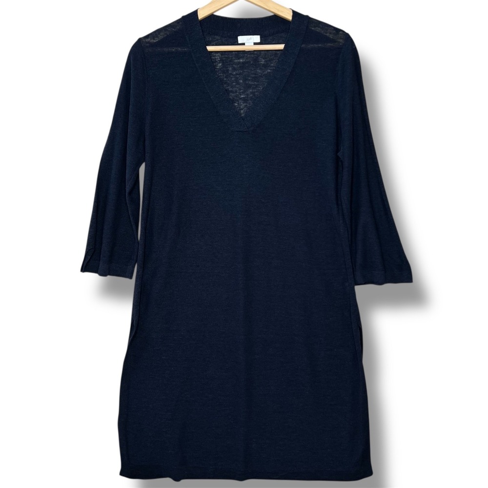 J.Jill Navy Blue V-Neck Linen Blend 3/4 Sleeve Sweater Dress Women's S